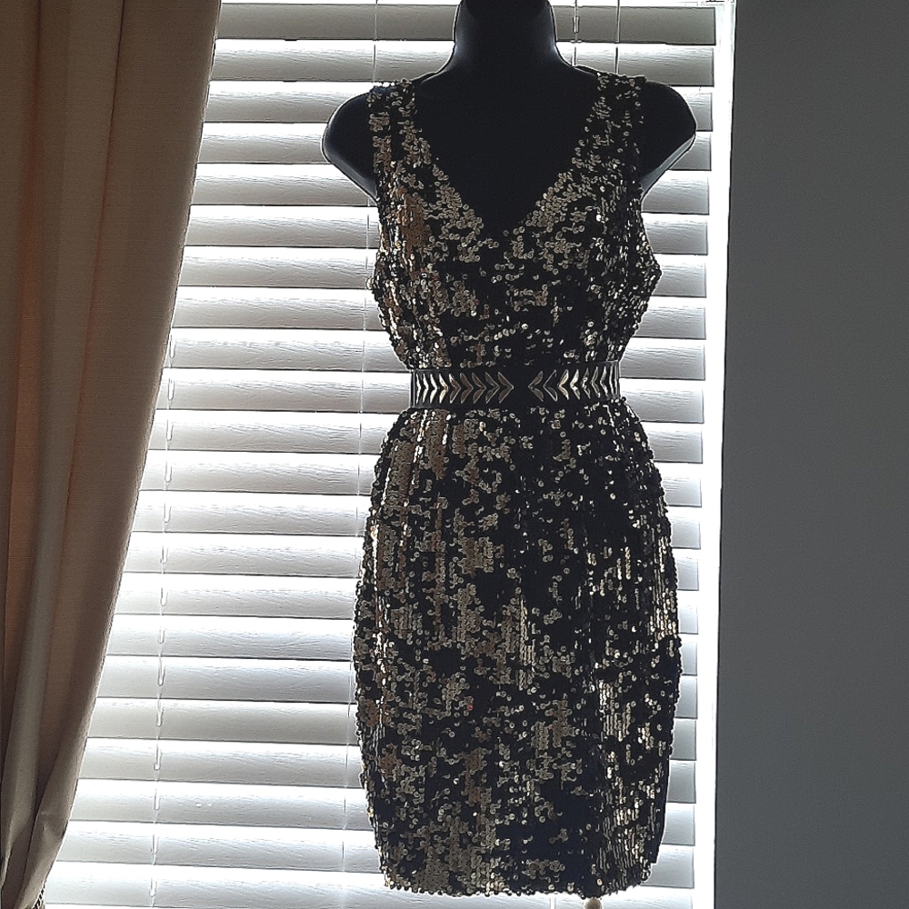 Black and Gold Sequence Sleeveless Dress - Size Small